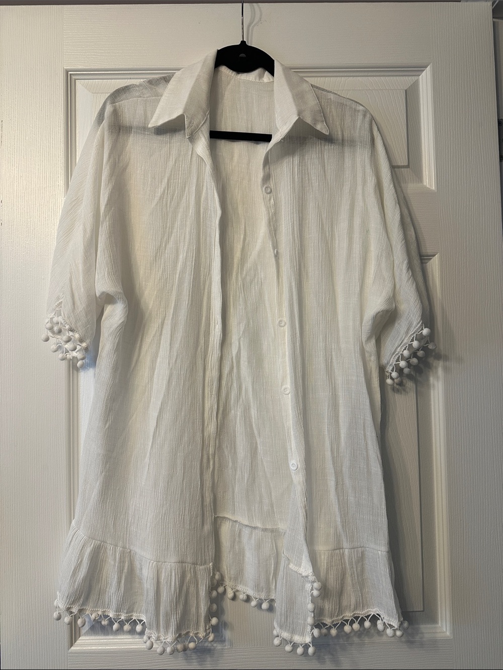 SHEIN White PompomTrim Button-Front Swim Coverup. Size L but fits like S/M